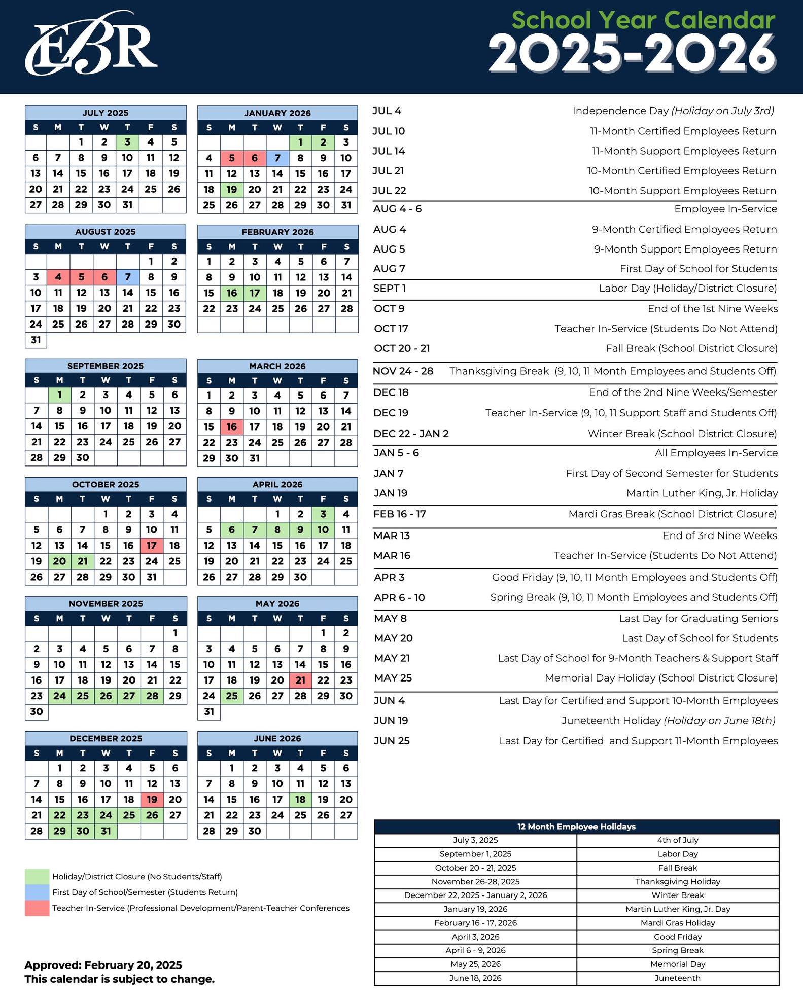 EBR Schools Calendar 2026