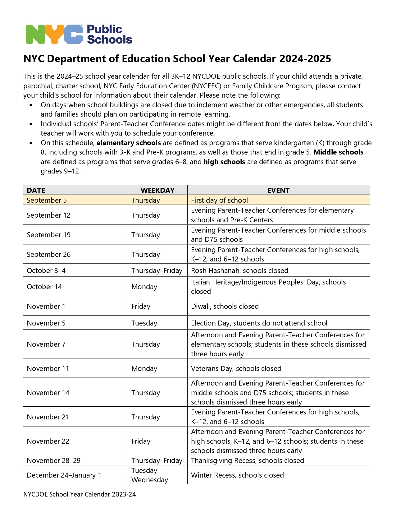 NYC School District Calendar 2024 2025 Academic Year 
