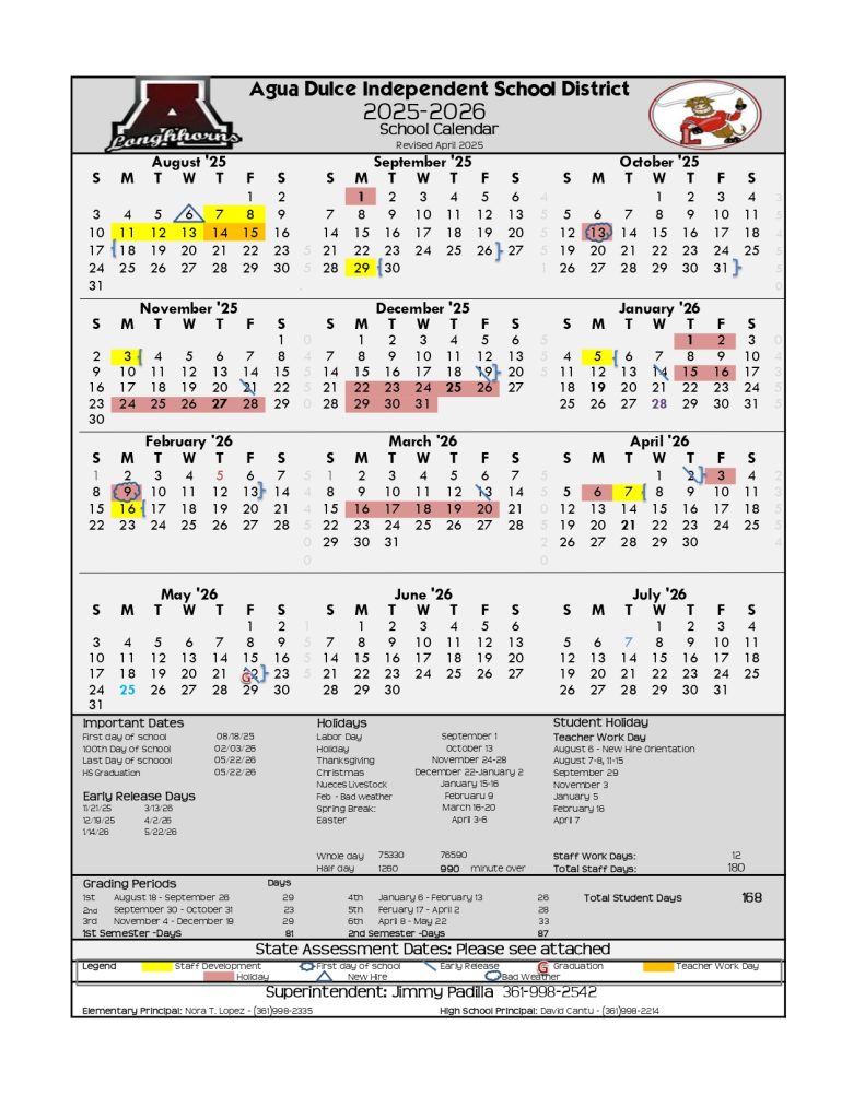 Agua Dulce Independent School District Calendar