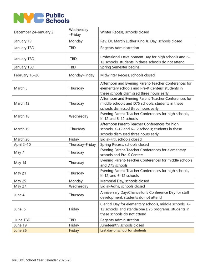 NYC Public School Calendar 2025