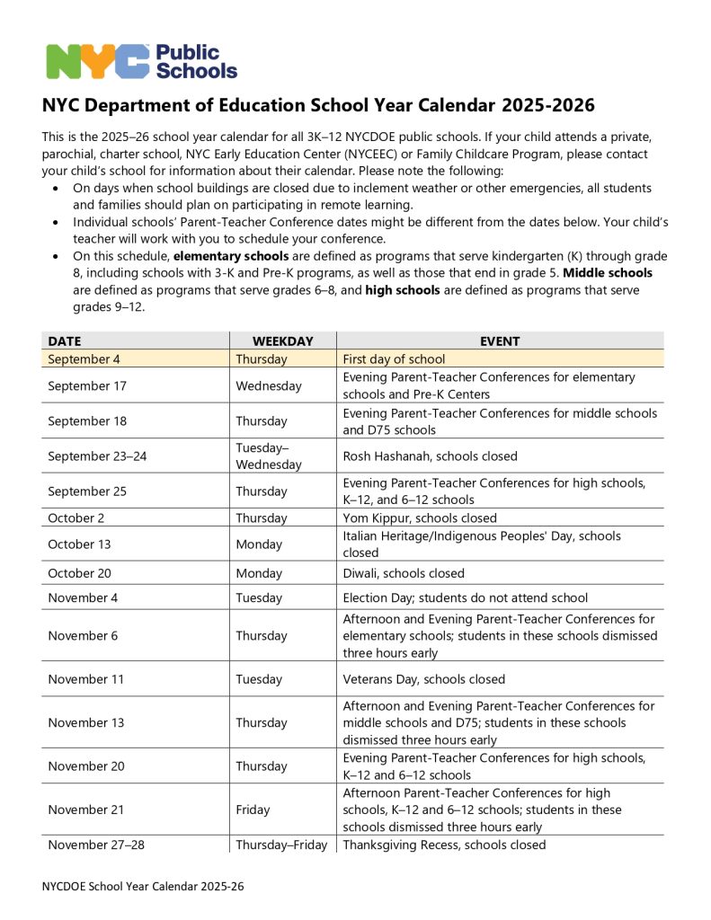 NYC Public School Calendar