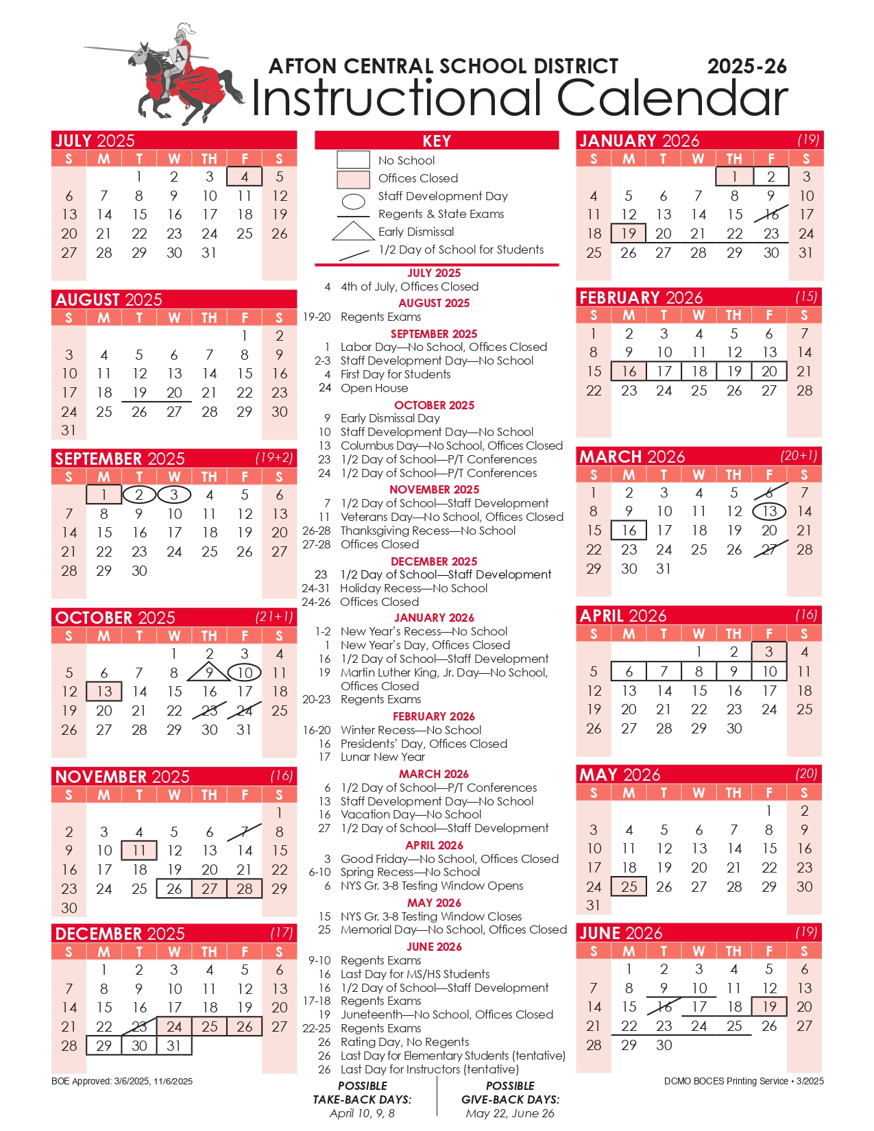 Afton Central School District Calendar