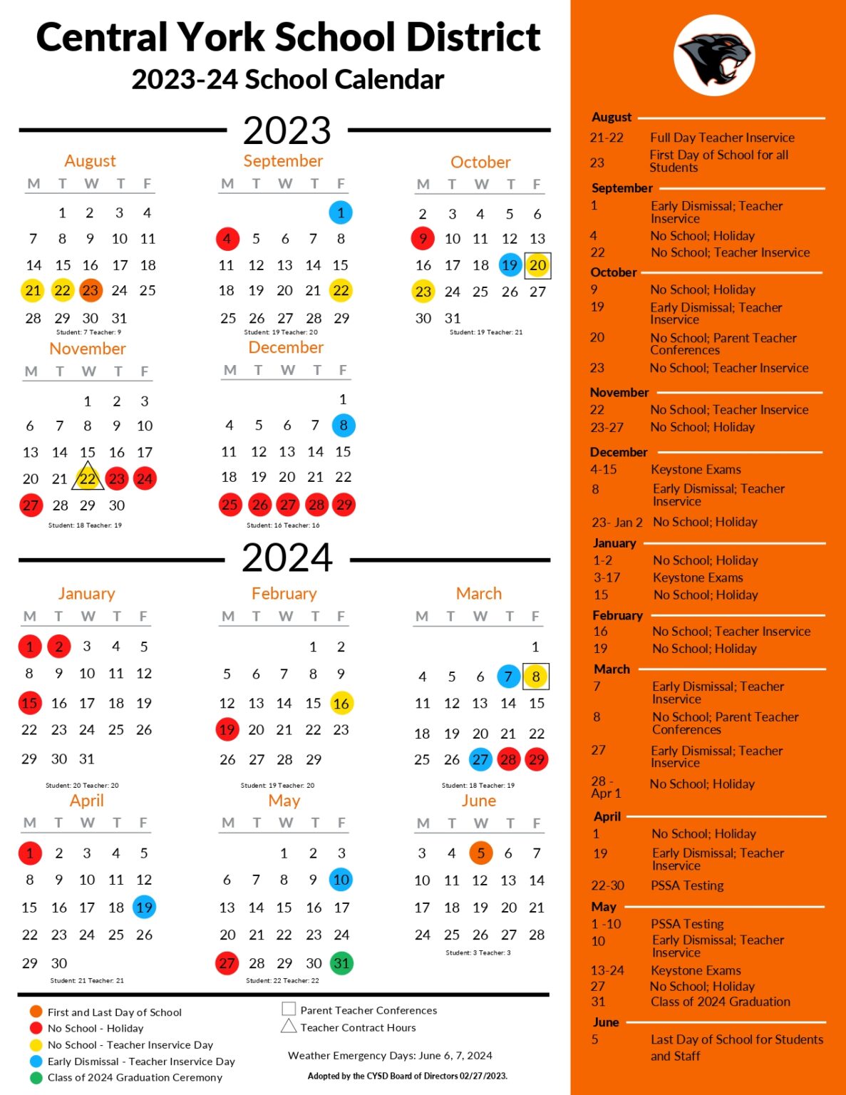 Central York School District Calendar 2024-2025 [Middle]