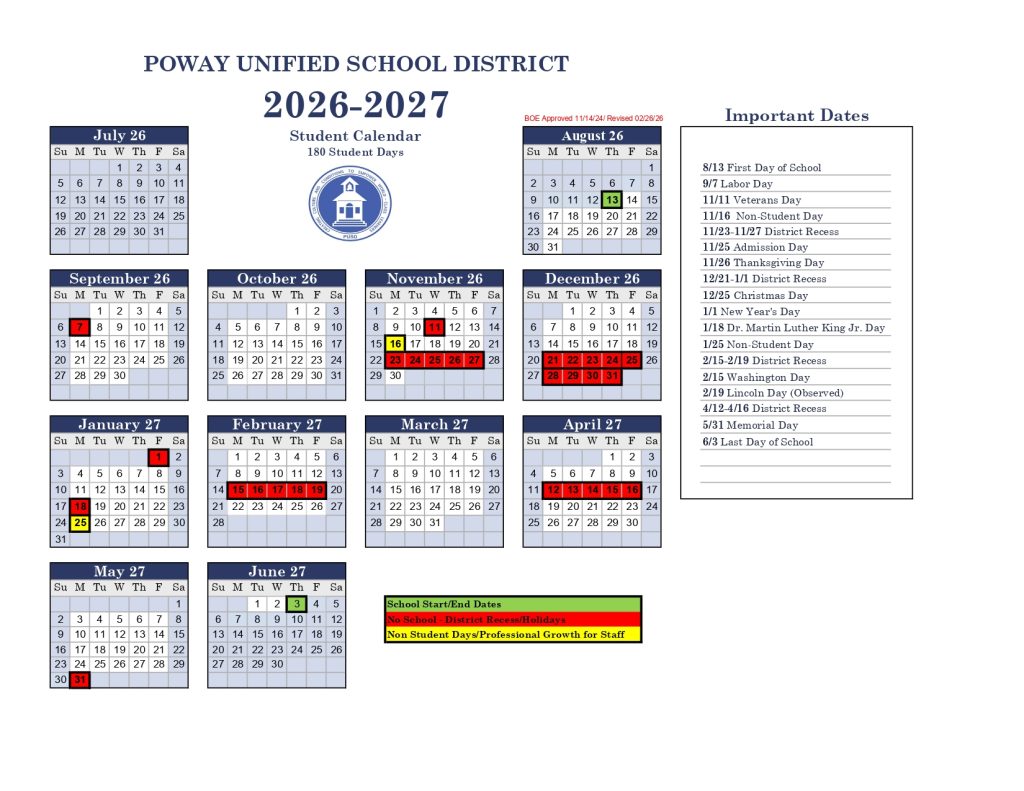 Poway Unified School District Calendar 2026