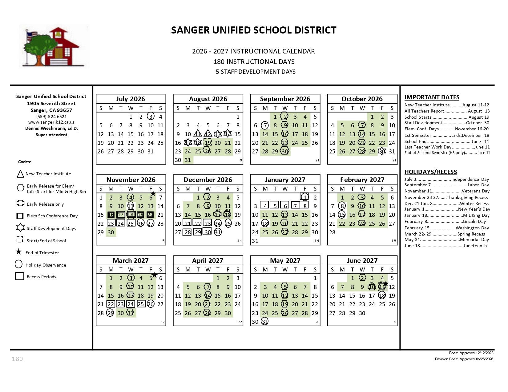 Sanger Unified School District Calendar 2026
