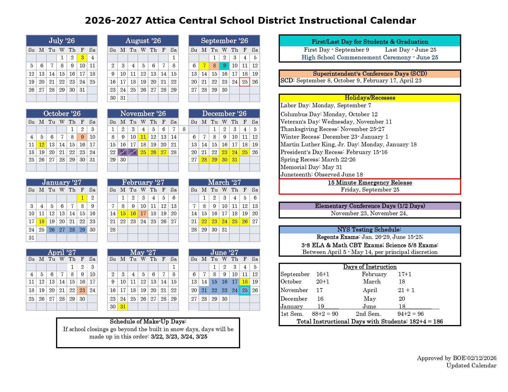 Attica Central School District Calendar 2026