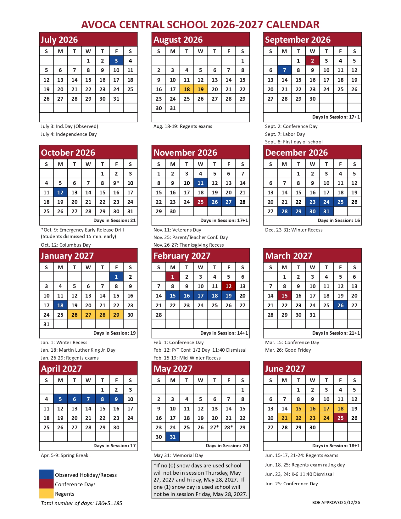 Avoca Central School District Calendar 2026