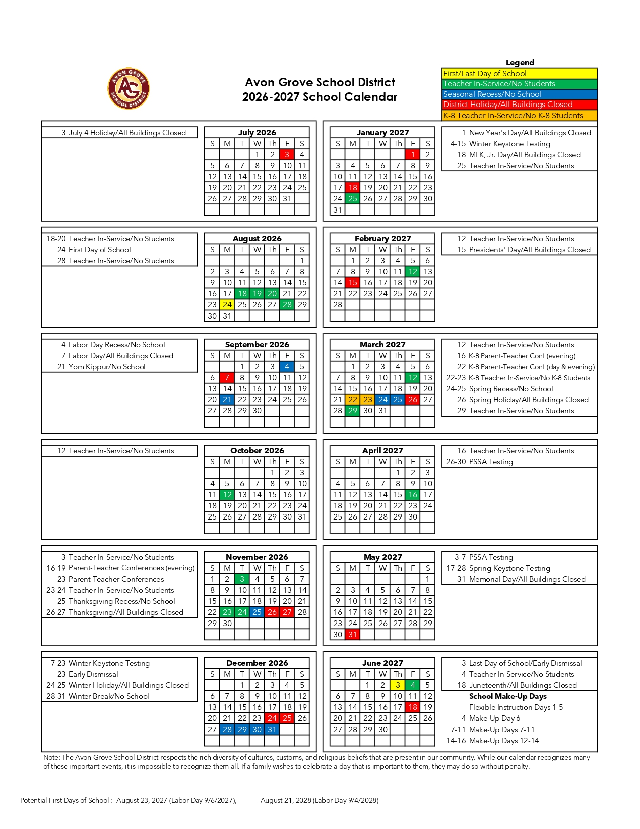 Avon Grove School District Calendar 2026