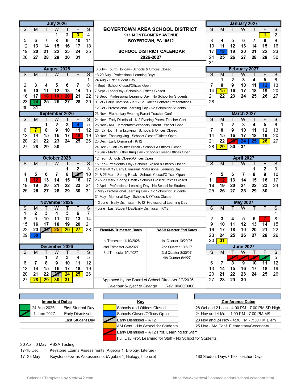 Boyertown Area School District Calendar 2026