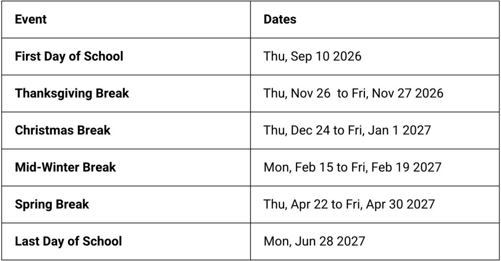 DOE School Calendar 2026