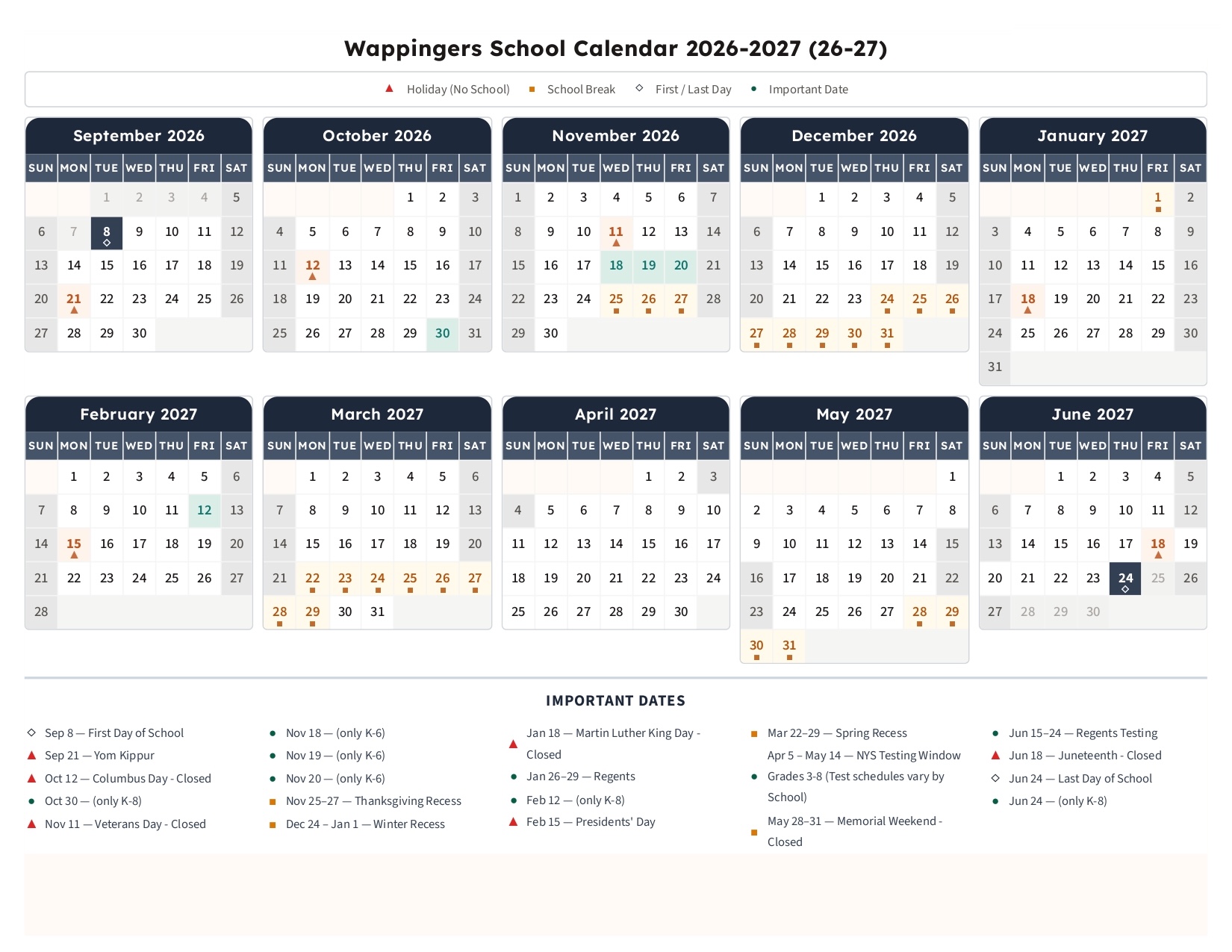 Wappingers Central School District Calendar 2026