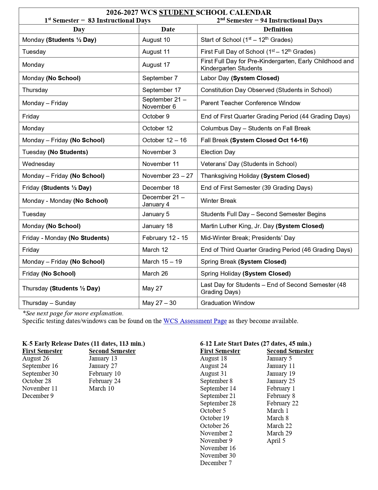 Williamson County School District Calendar 2026