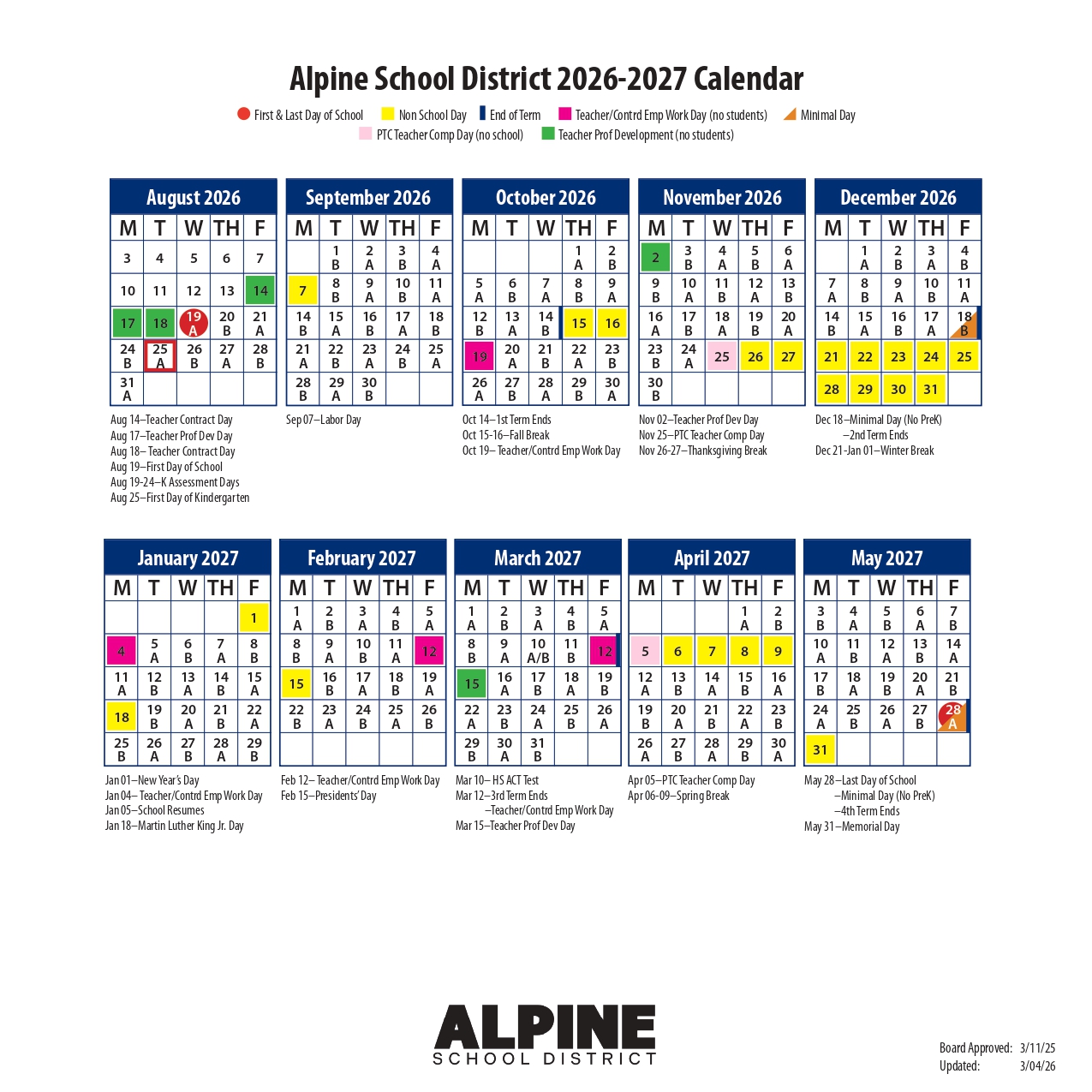 Alpine School District Calendar 2026