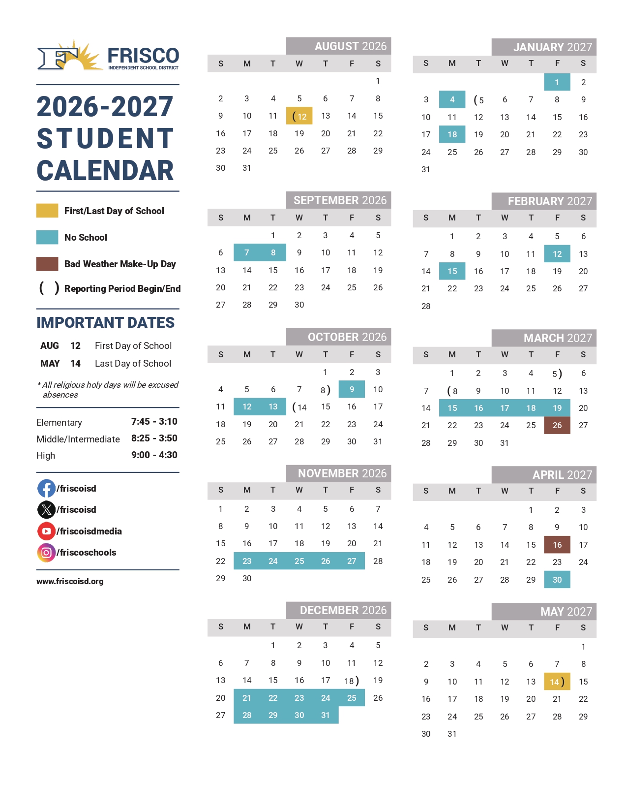 Frisco ISD School Calendar 2026