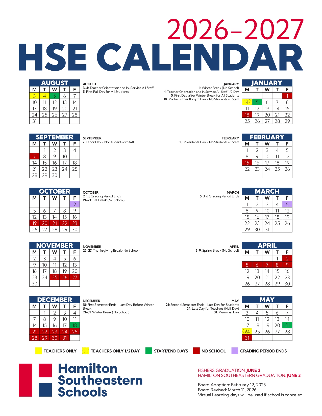 HSE Schools Calendar 2026