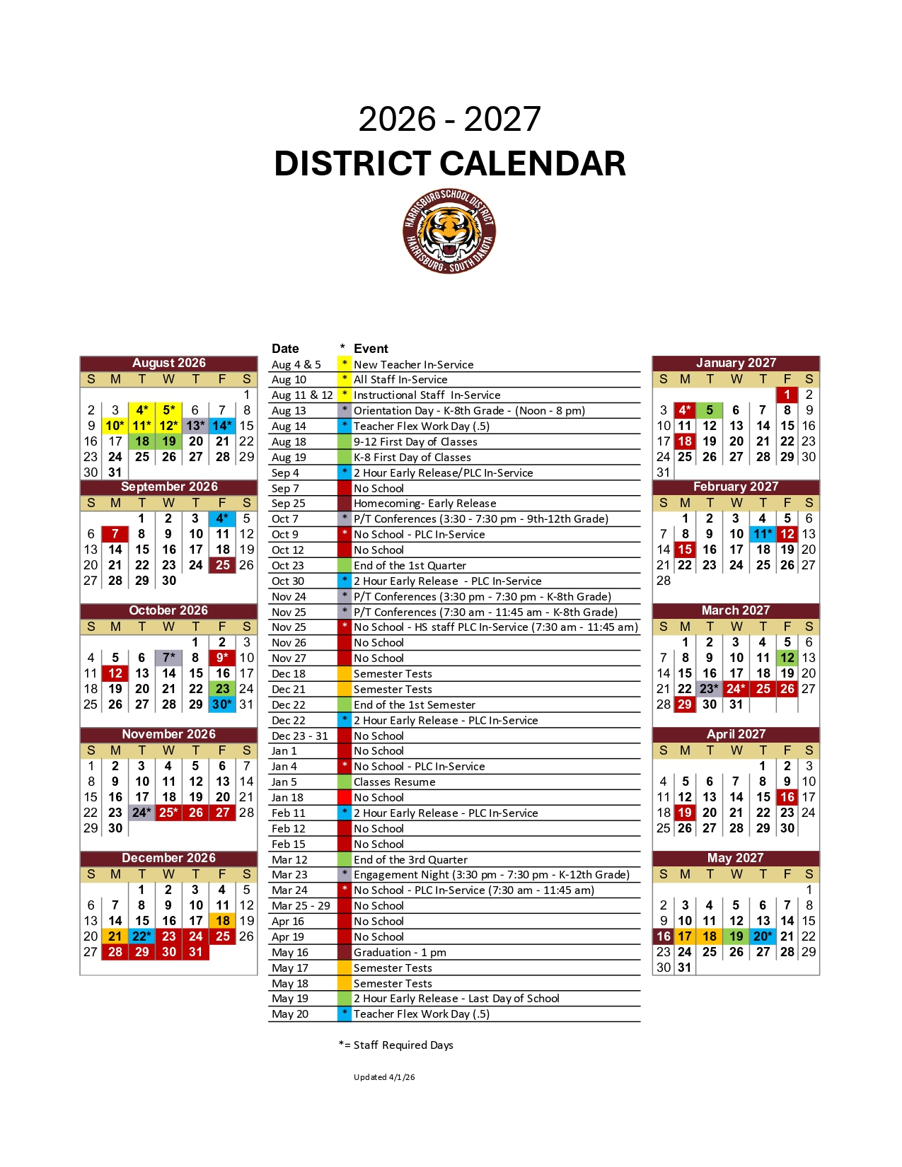 Harrisburg School District Calendar 2026