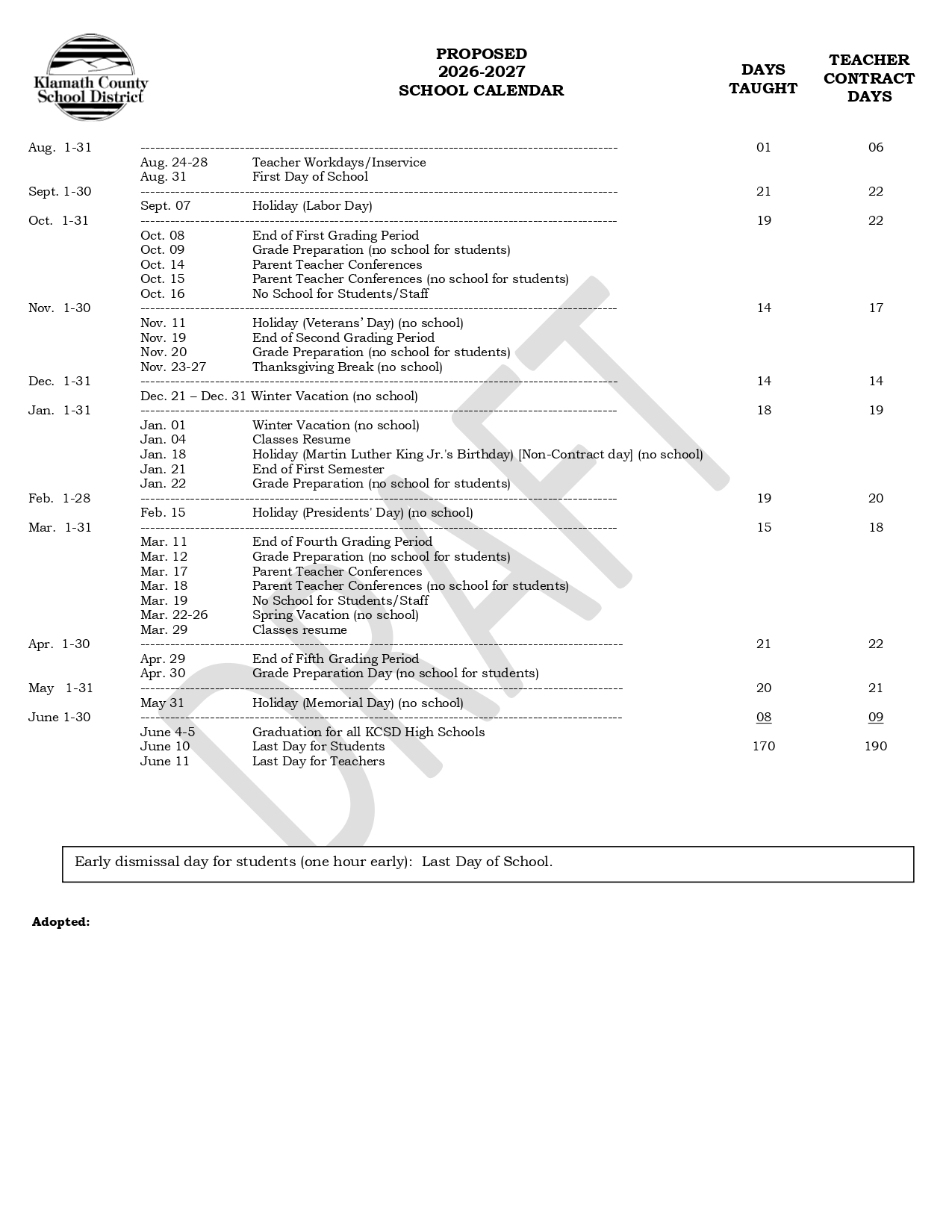 Klamath County School District Calendar 2026