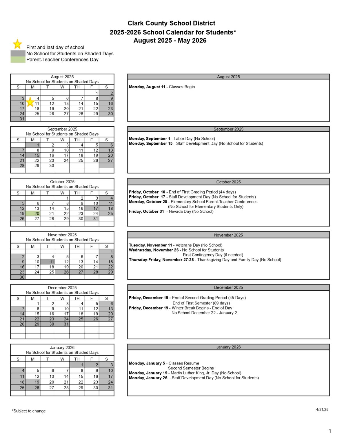 Las Vegas City Schools Calendar 2026-2027 [Public Holidays]