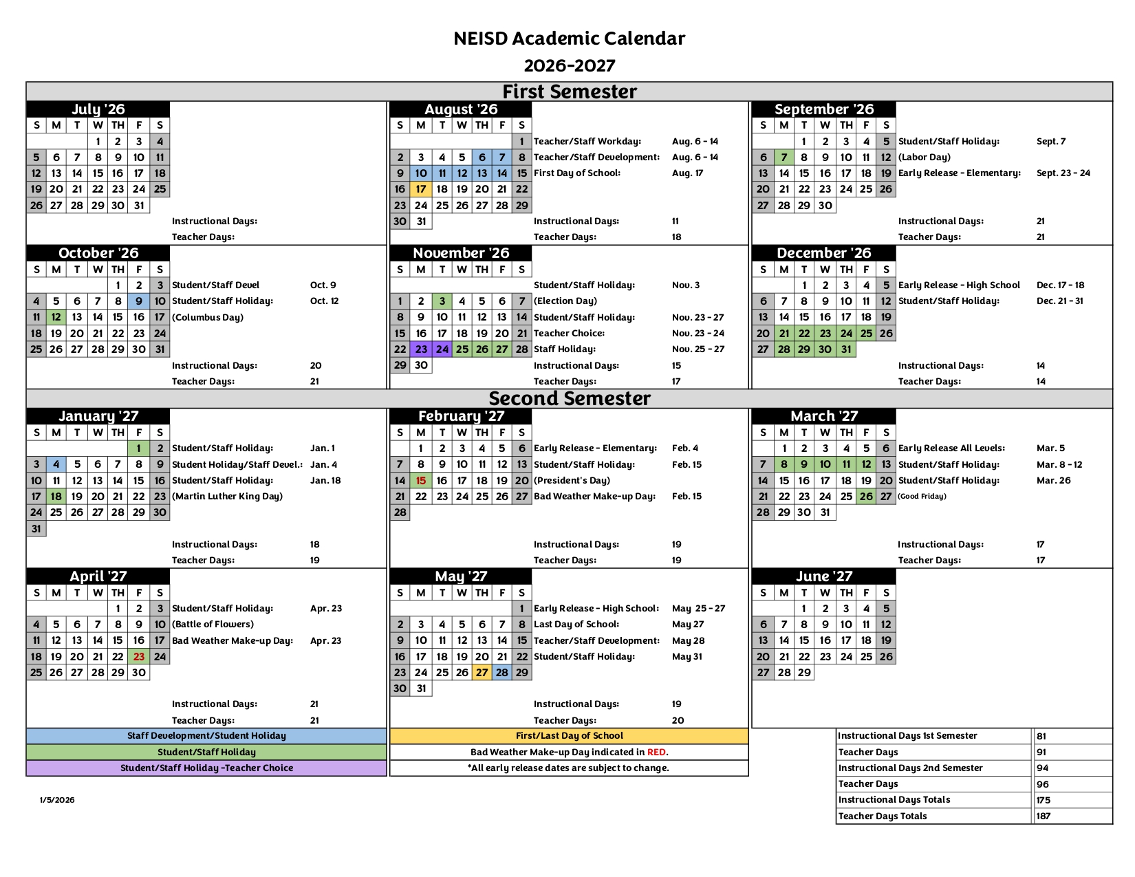 North East ISD Calendar 2026