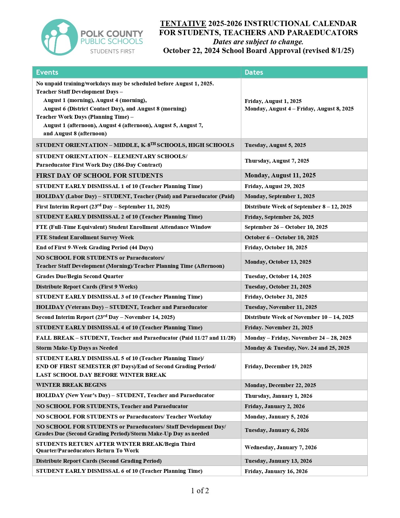 Polk County Public Schools Calendar 2026 - School District Calendar