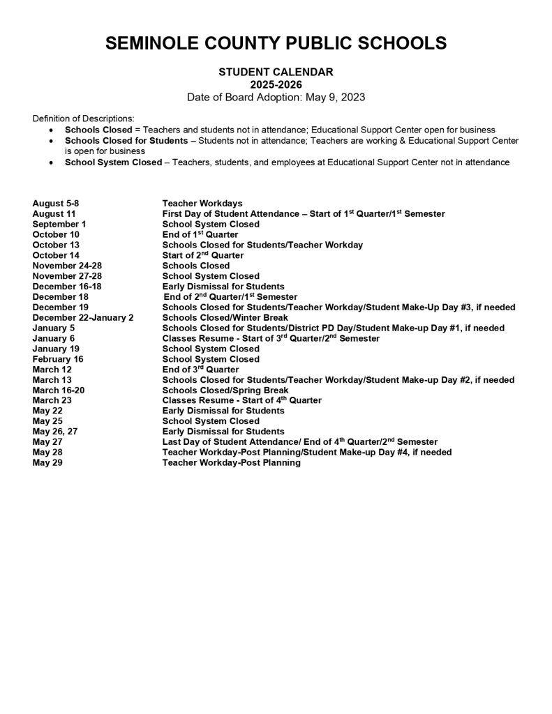 Seminole County Public Schools Calendar Holidays