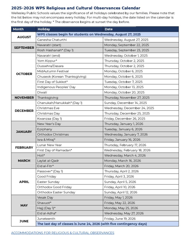 Wellesley Public Schools Holiday Calendar 2025