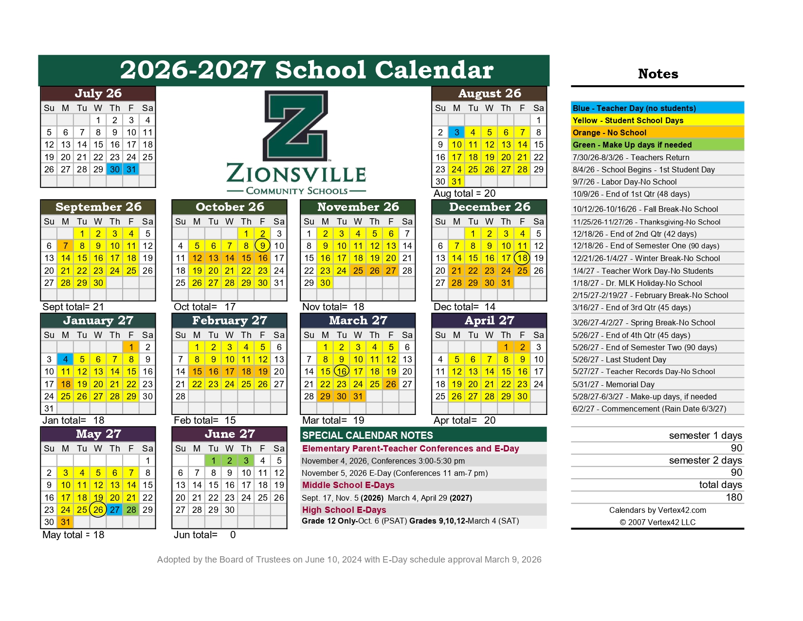 Zionsville School Calendar 2026