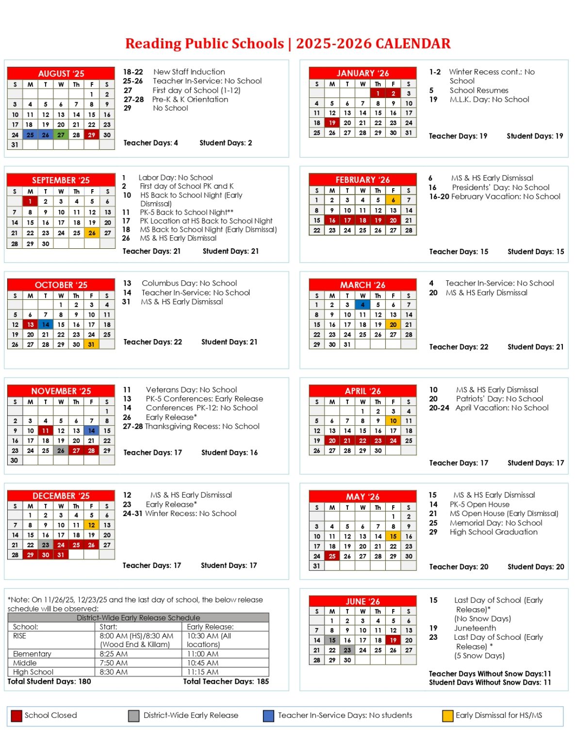 Reading Public Schools Calendar reading Public Schools Calendar 2025-2026 [high schools]