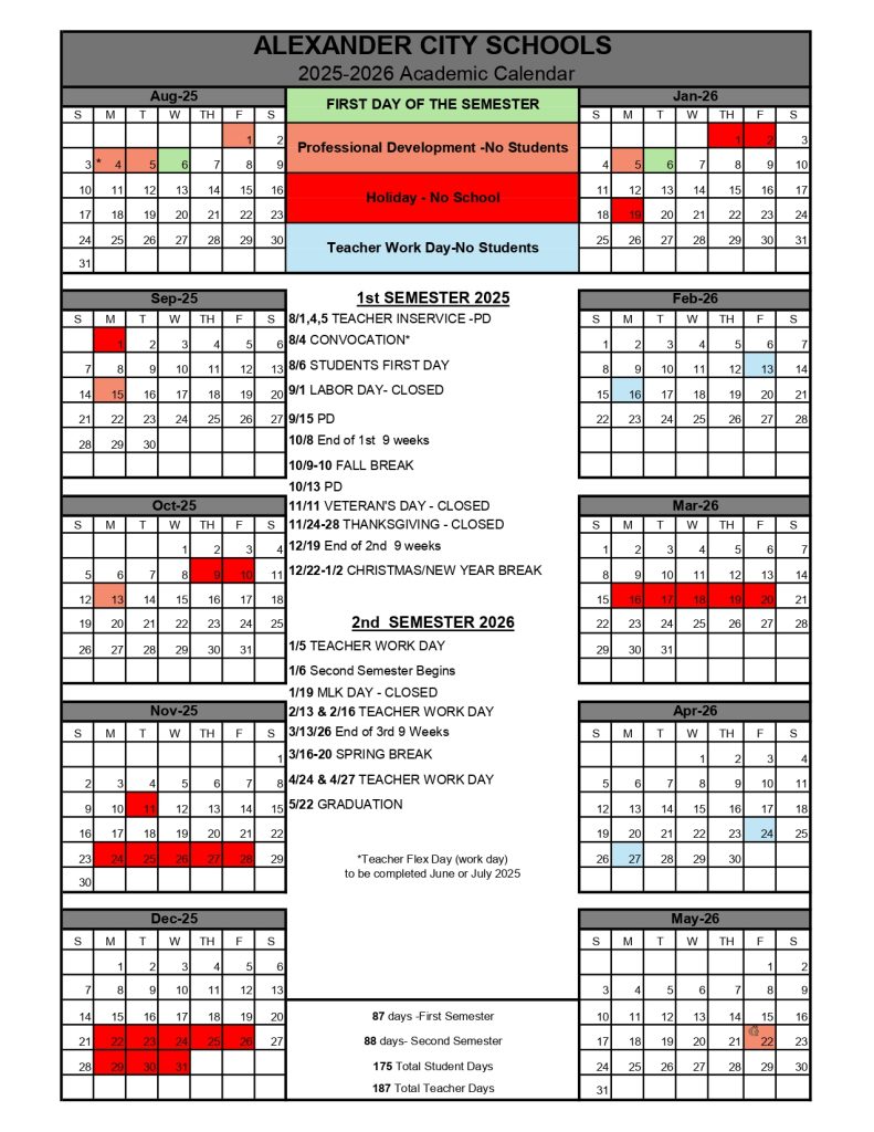 Alexander City Schools Calendar 2025
