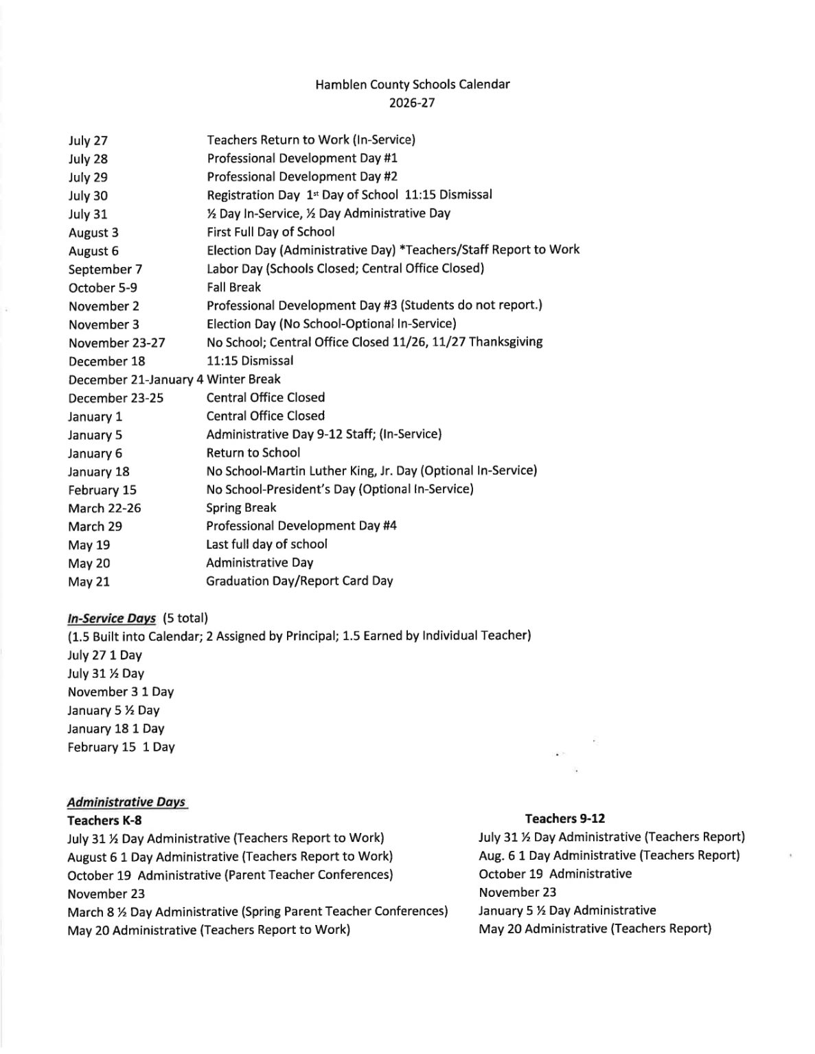 Hamblen County Schools Calendar 2026-2027 [Academic Year]