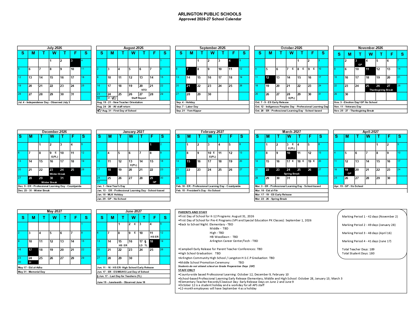 Arlington Public Schools Calendar 2026