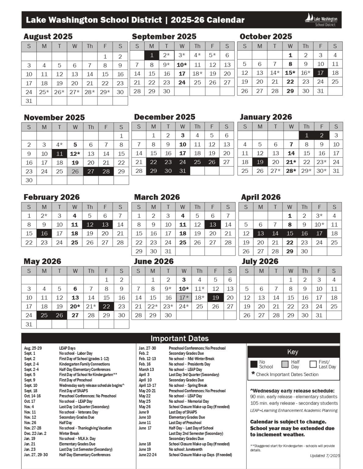 Lake Washington School District Calendar 2026-2027 [PDF]