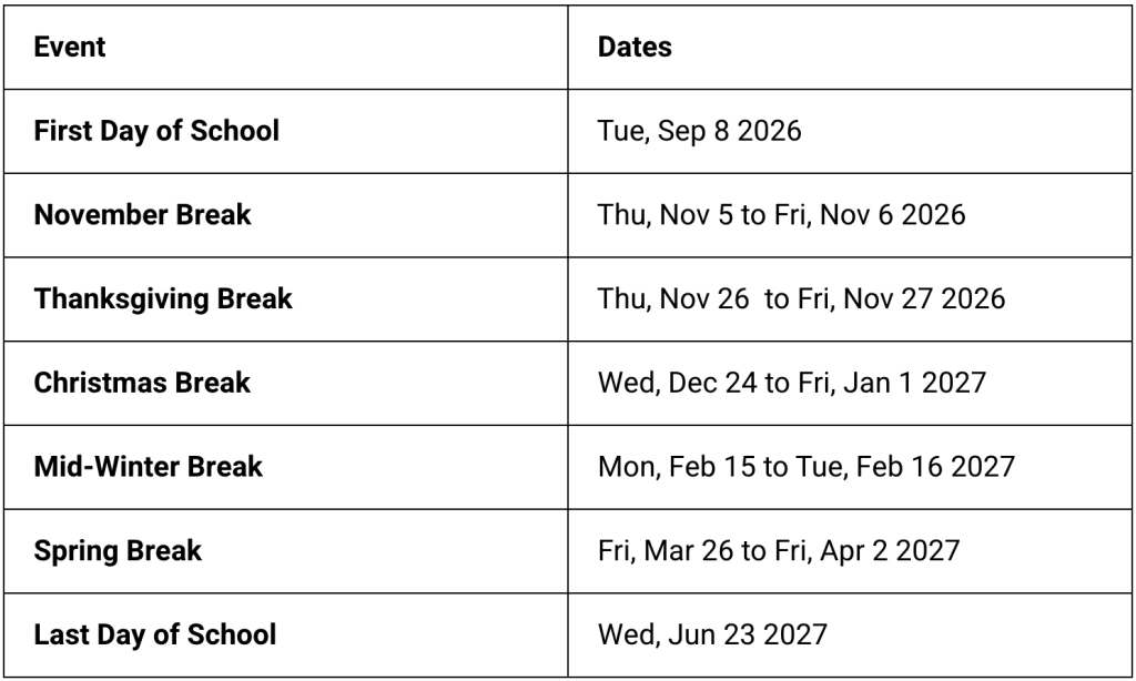 Overview of 2026-2027 School Calendar