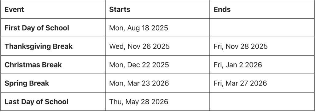 Salem City Schools Major Holiday Breaks 2026