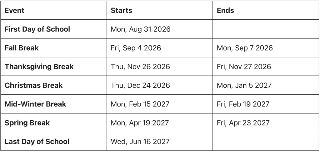 Somerville High Schools Calendar 2026