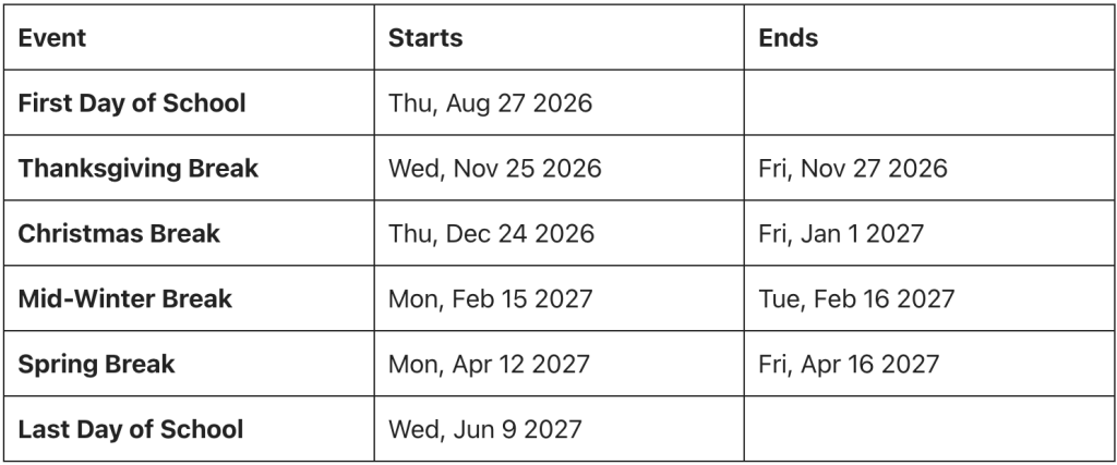 Southington High Schools Calendar 2026