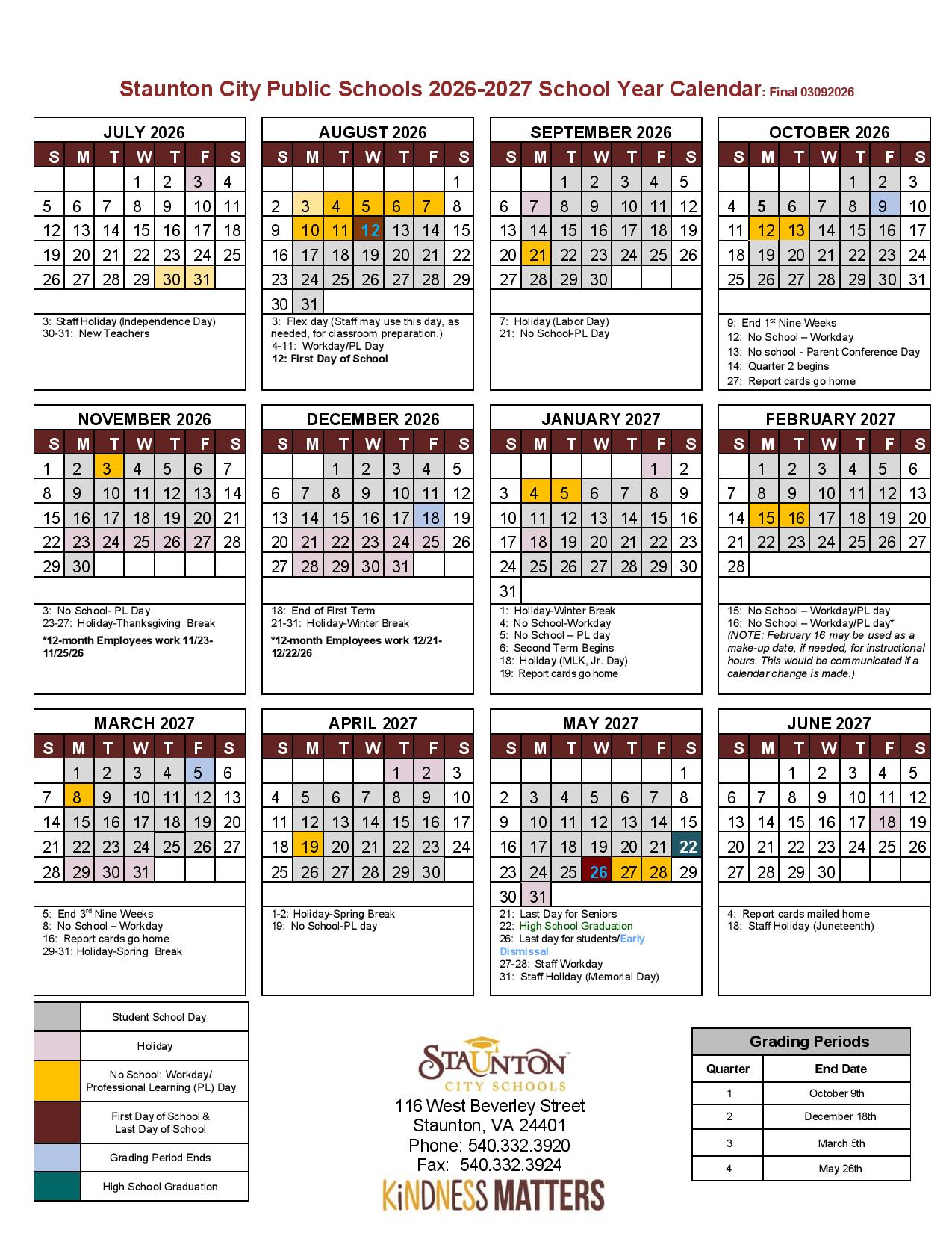 Staunton City Public Schools Calendar 2026