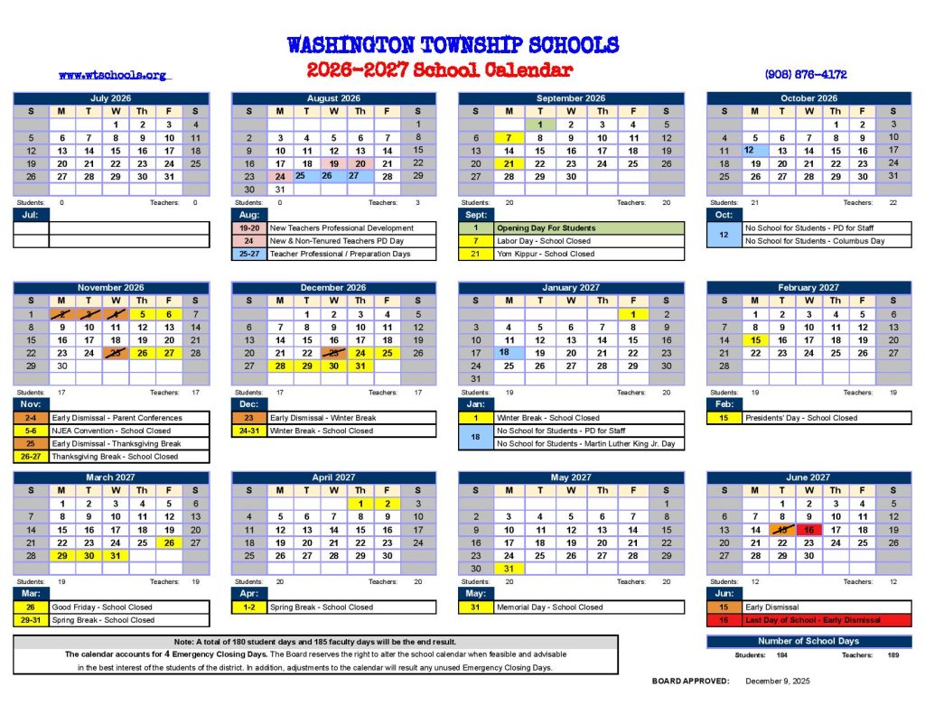 Washington Township Schools Calendar 2026